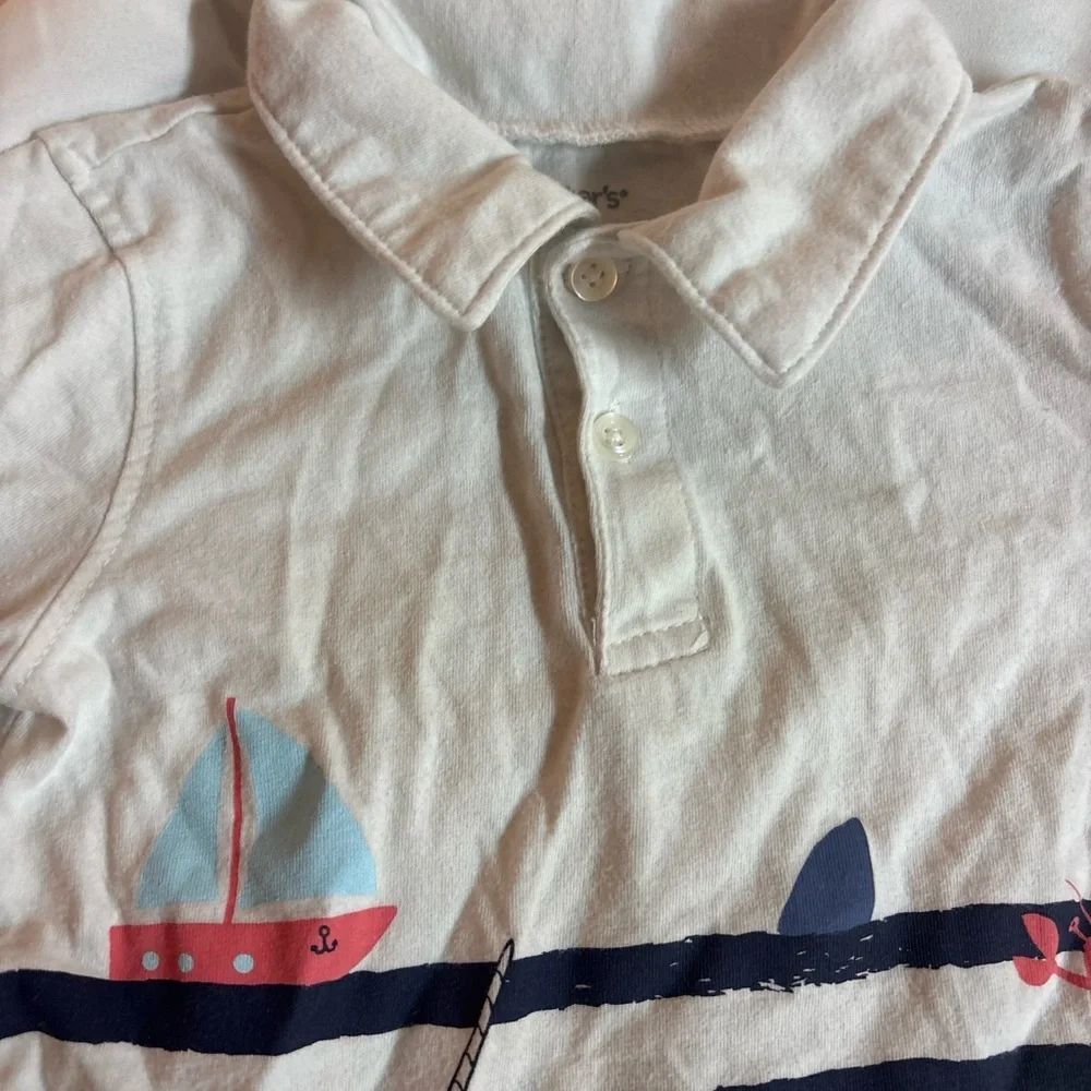 Carter's White and Navy Sea Adventure Polo with boats and sea animals 2T
